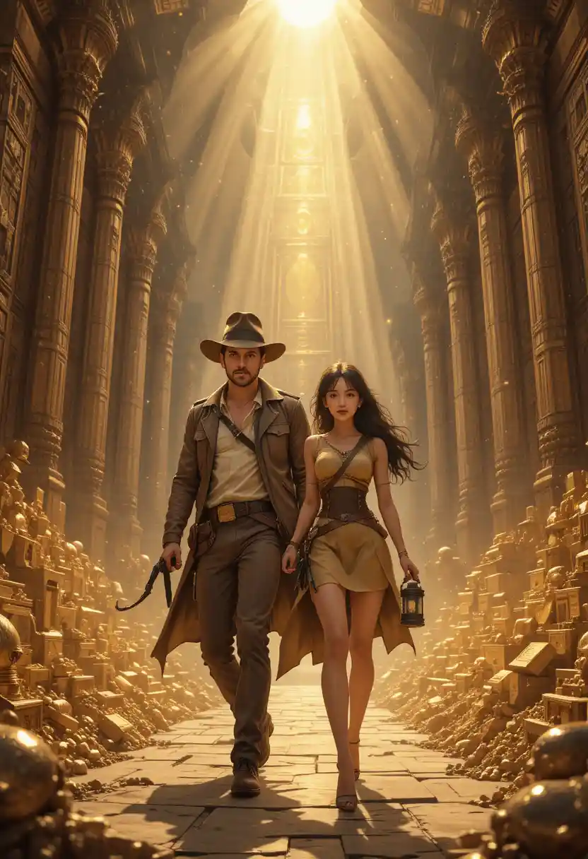 Anime adventurers in a golden temple chamber of treasure