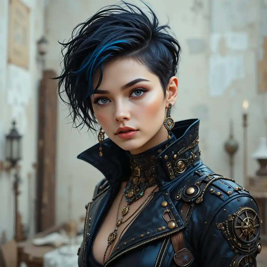 Edgy blue eyed girl in steampunk leather jacket