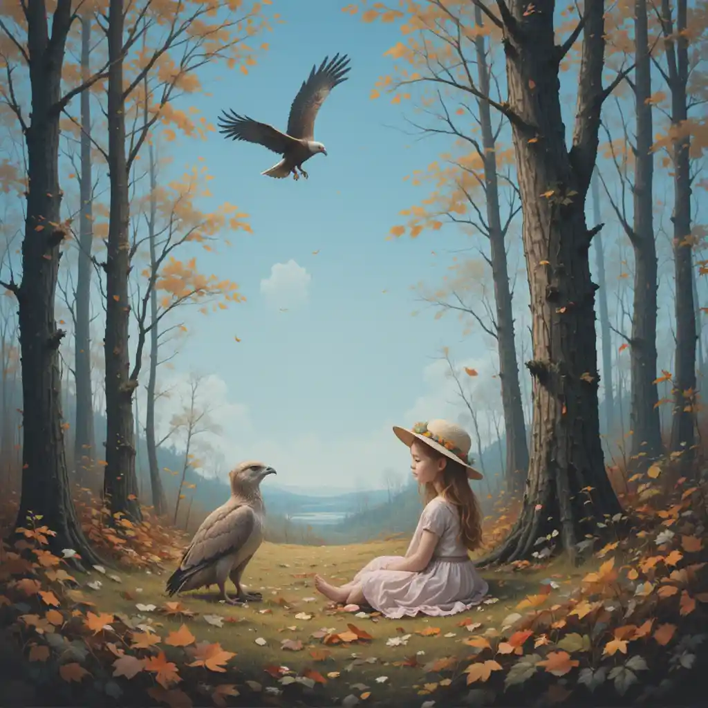 Niña pequeña llorando sola en un bosque otoñal oscuro