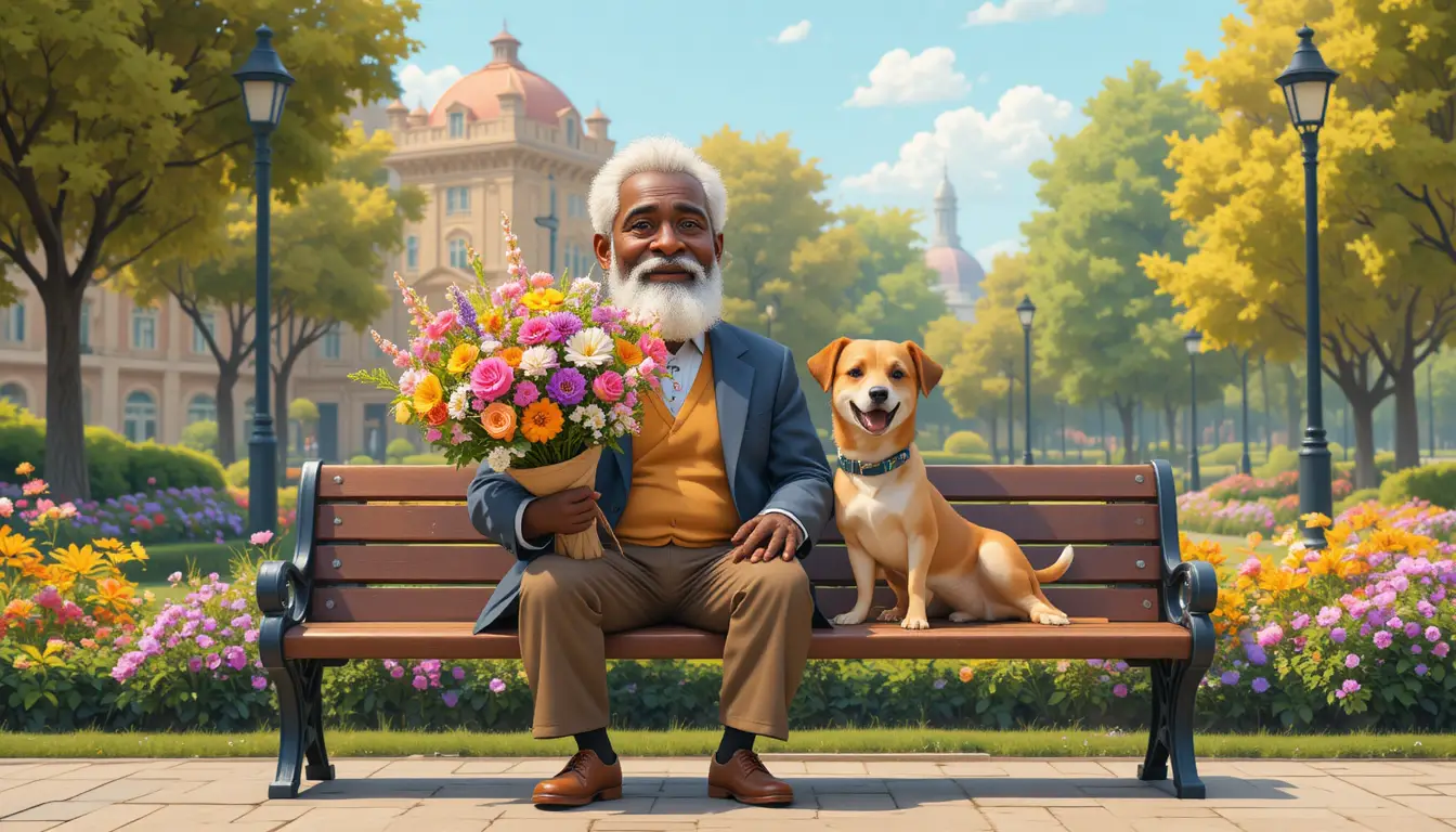 African grandfather with flowers and dog on park bench