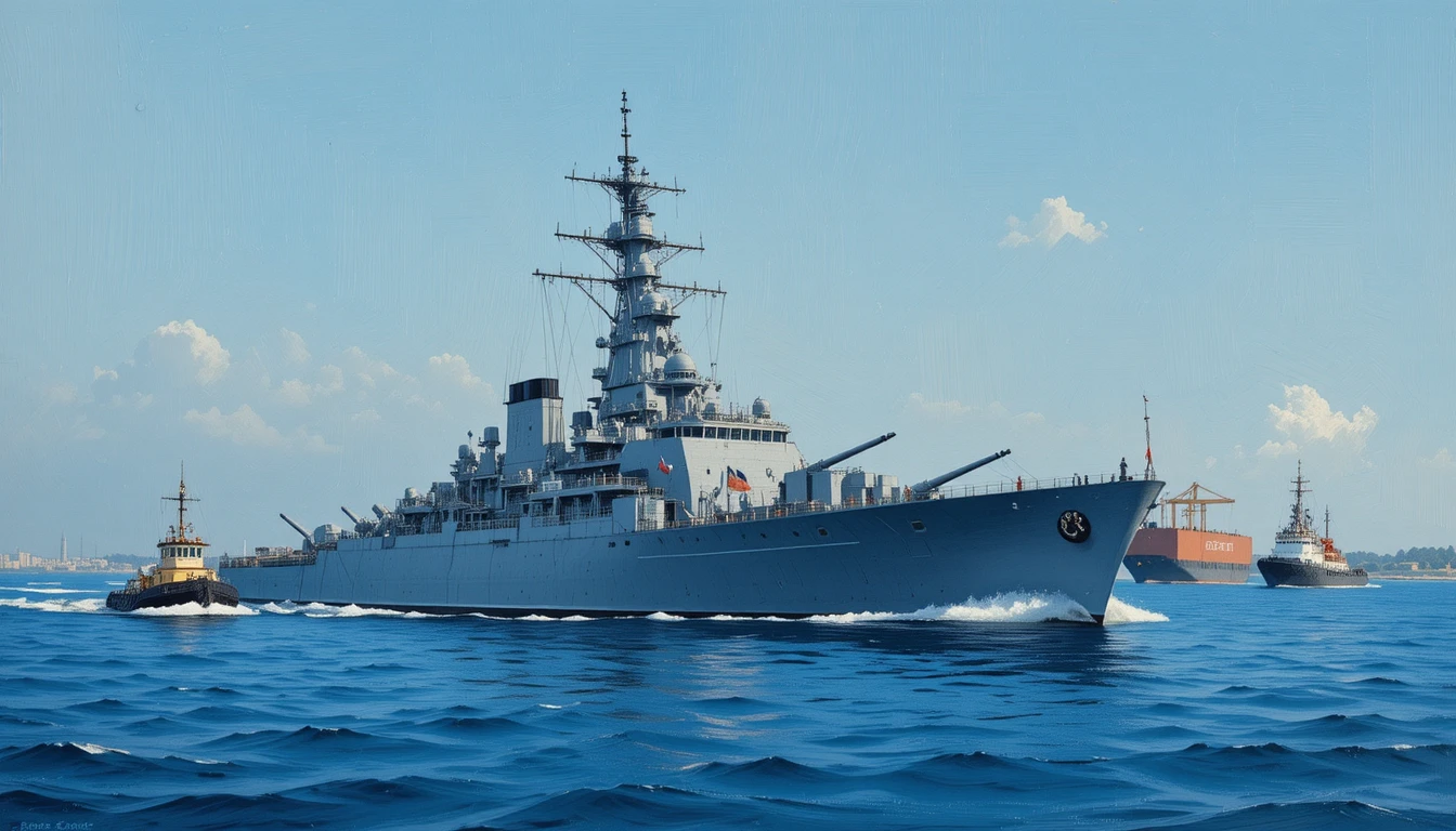 Large naval destroyer escorted by tugboats at sea