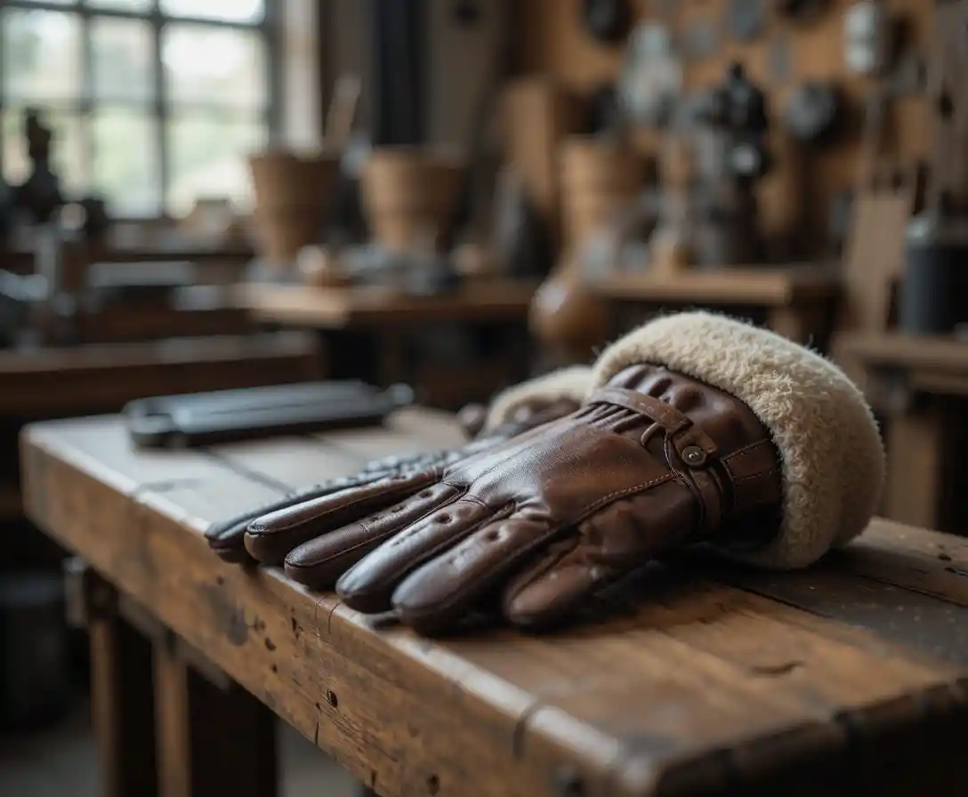Leather gloves on wooden bench in soft workshop light