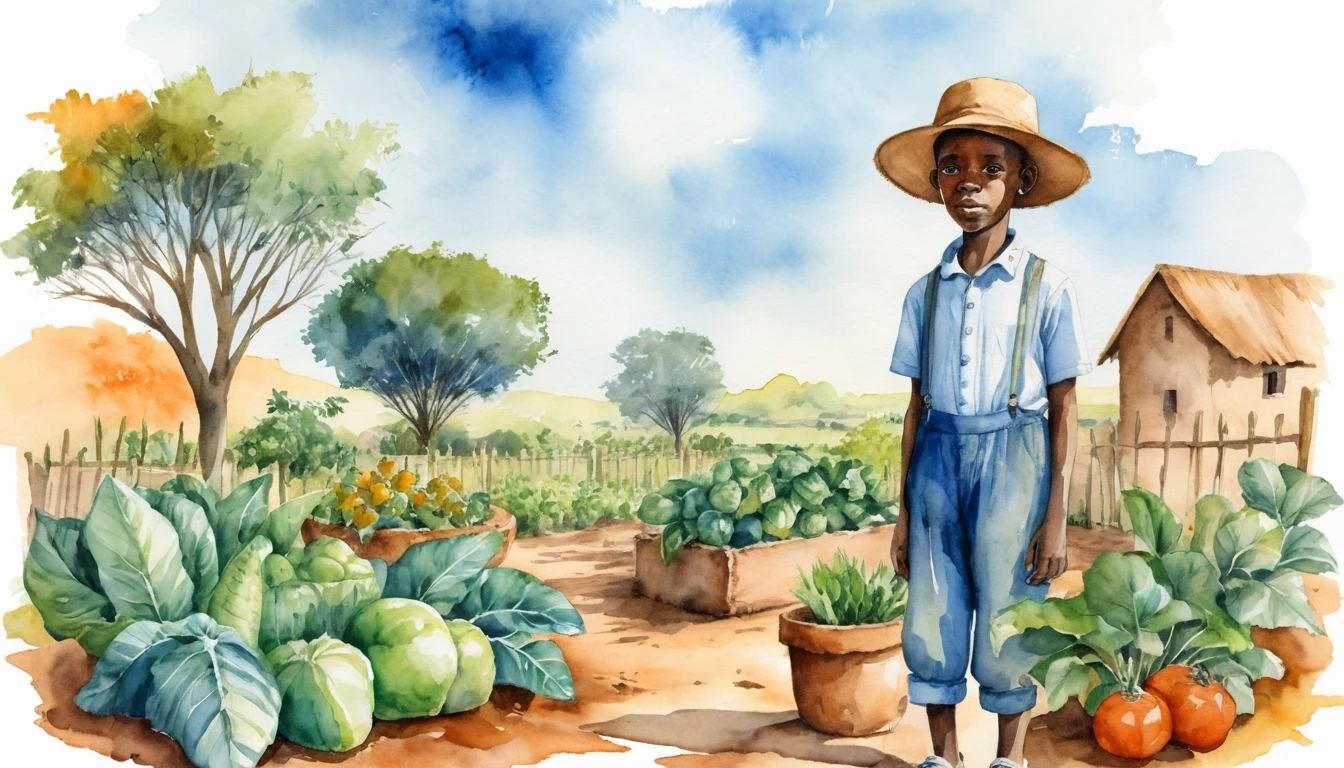 Idoso jardineiro em uma aconchegante cena de savana em aquarela