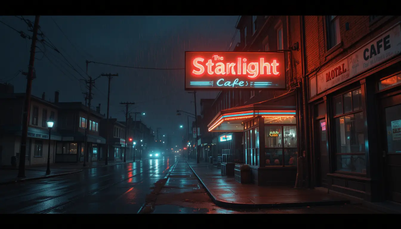 Neon diner sign glowing over a rainy empty city street