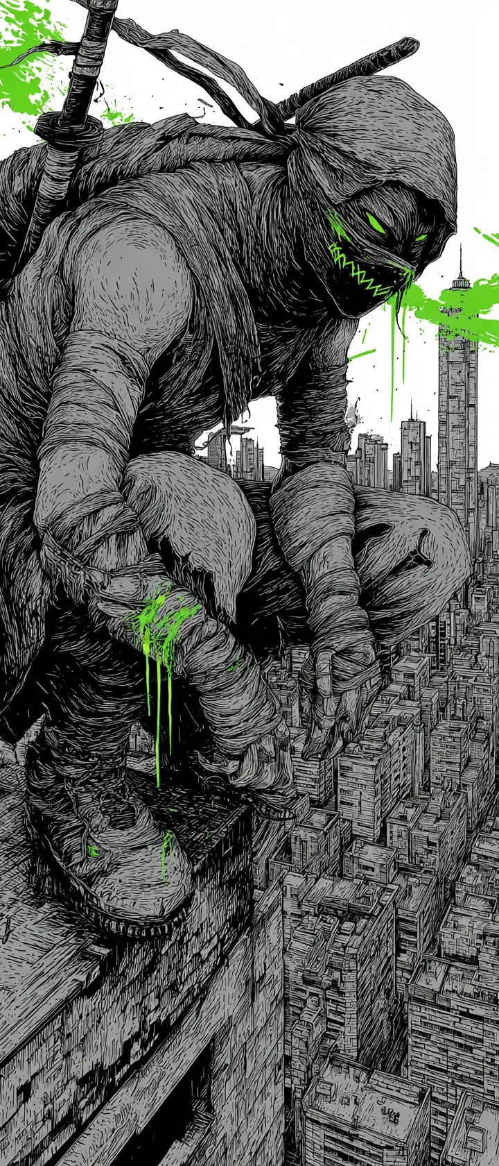 Cyber ninja crouched on rooftop above inked city