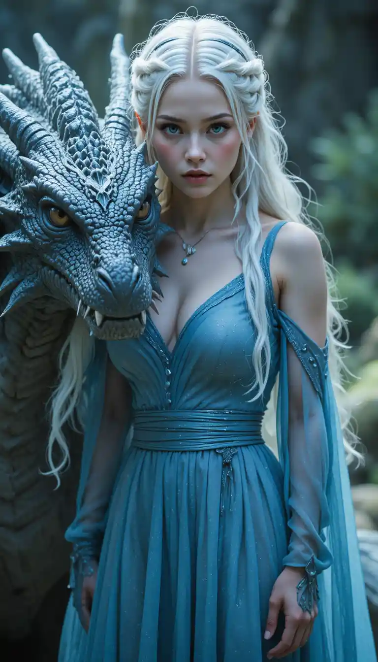 Woman in blue dress as fierce mother of dragons
