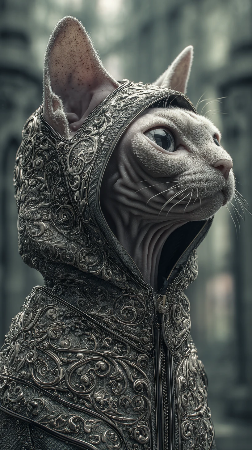 Retrato cinematográfico de un tierno gato esfinge con sudadera ornamentada