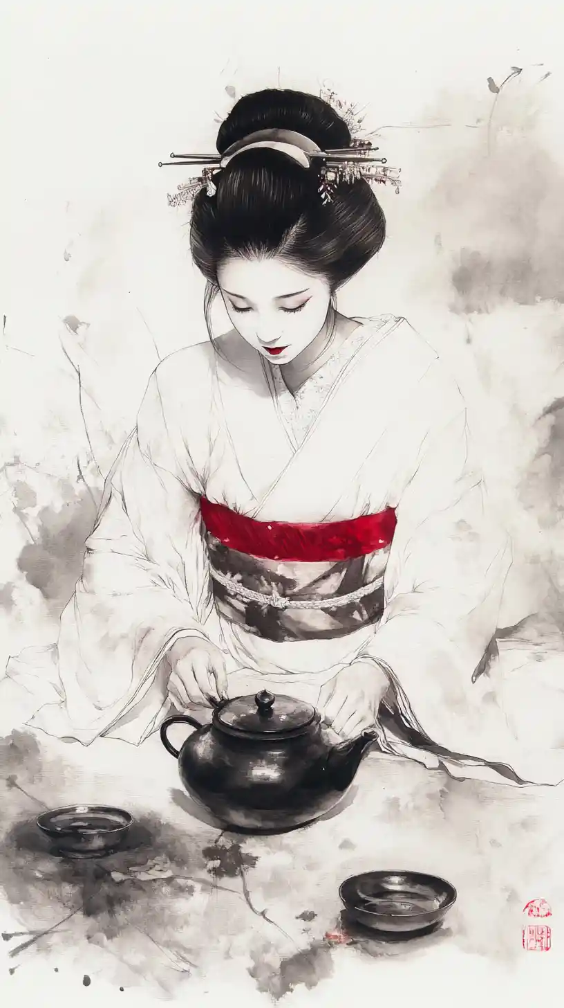 Geisha In White Kimono With Teapot In Zen Interior