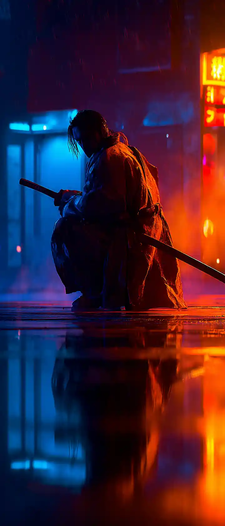 Cyber samurai kneeling in rainy neon city alley