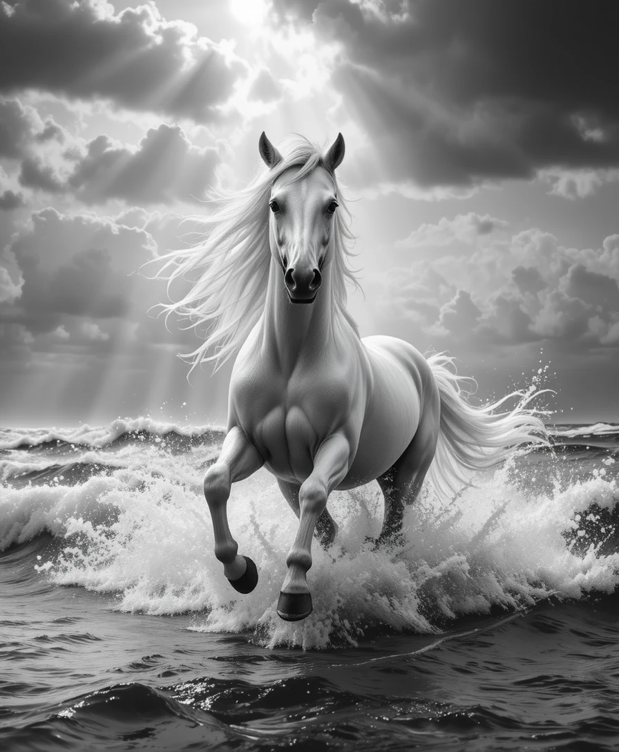 White horse galloping through ocean waves in stormy light