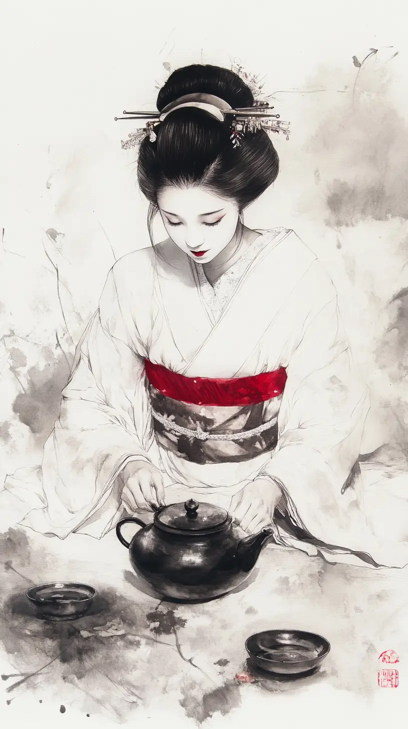 Geisha In White Kimono With Teapot In Zen Interior