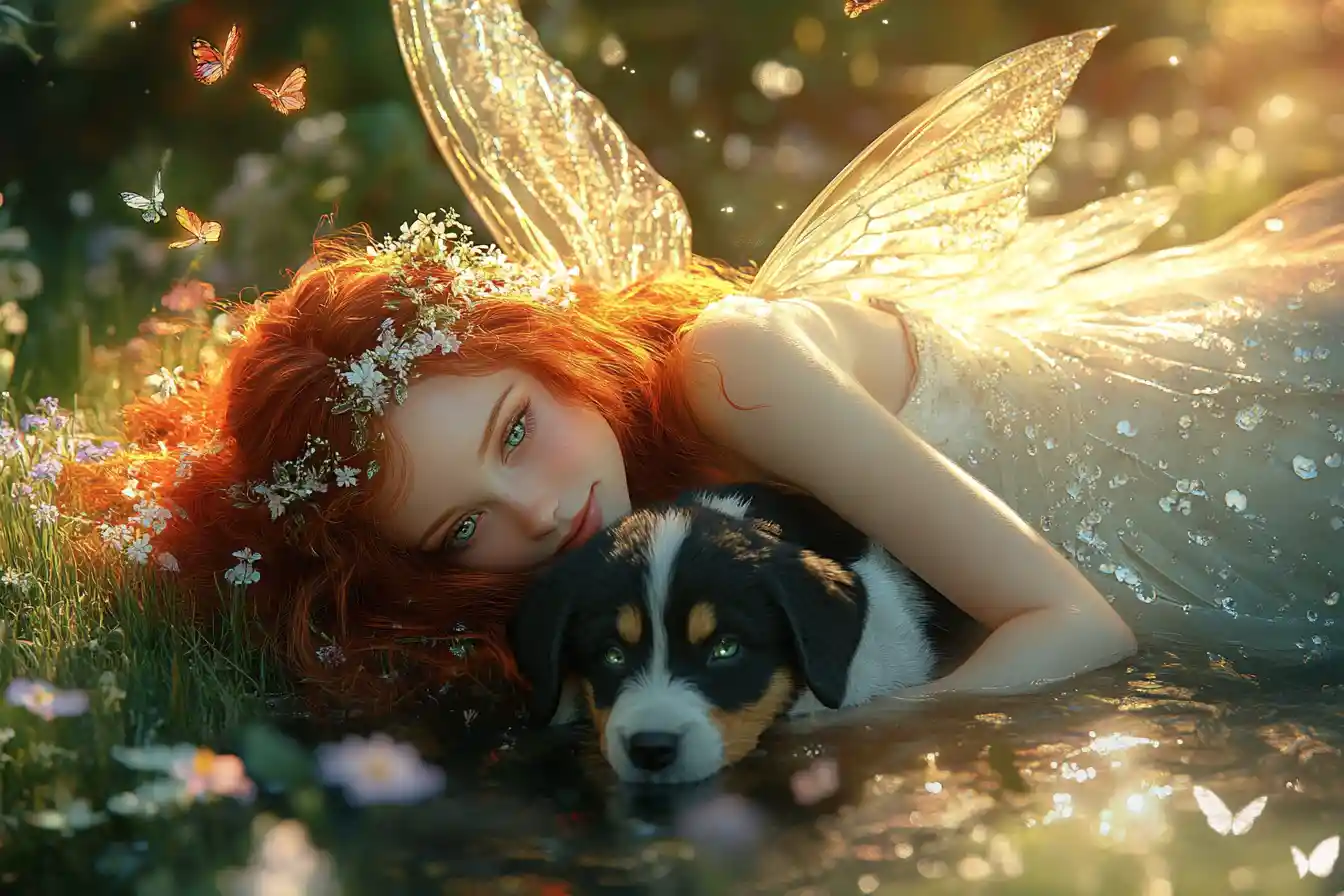 Fairy resting in meadow with playful rottweiler puppy