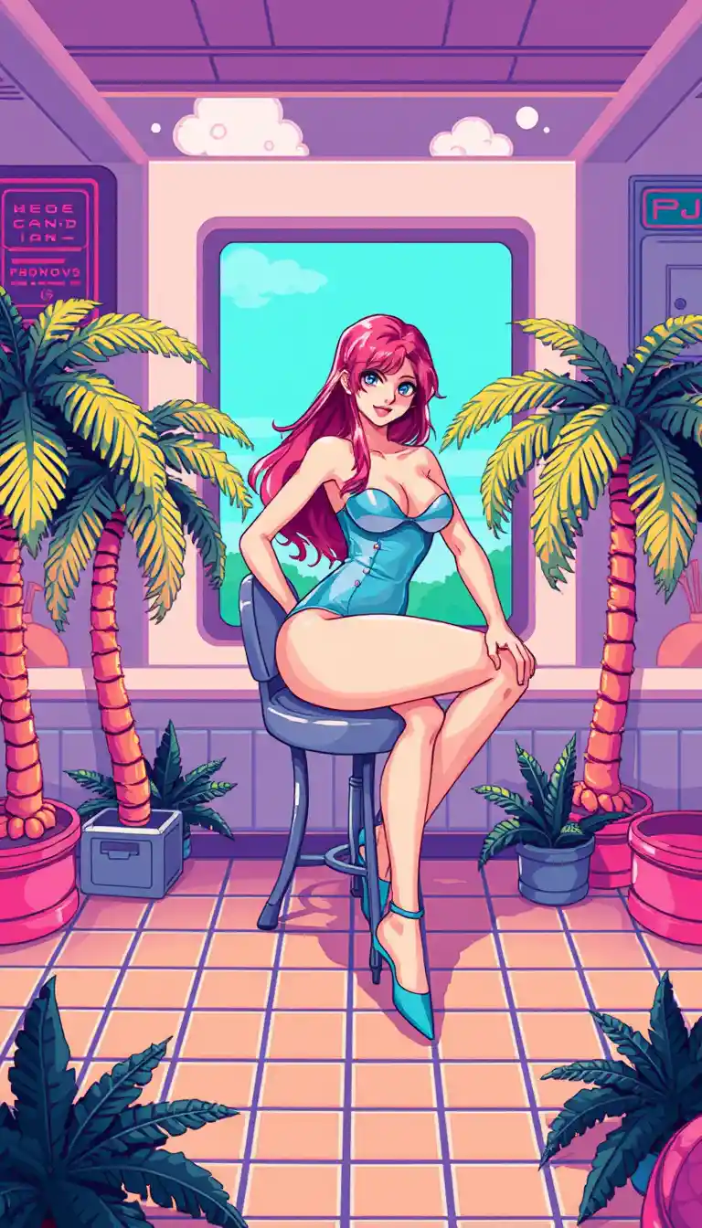 Pixel art anime woman posing on a small chair