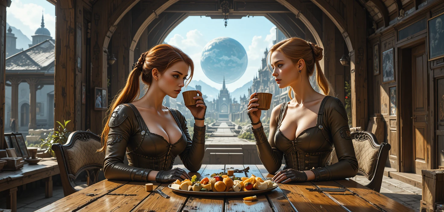 Young woman drinking at a rustic medieval wooden table