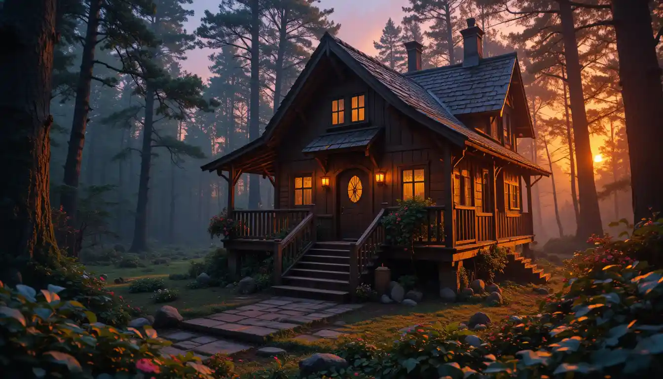 Cabaña de bosque encantado que brilla cálidamente al vibrante atardecer