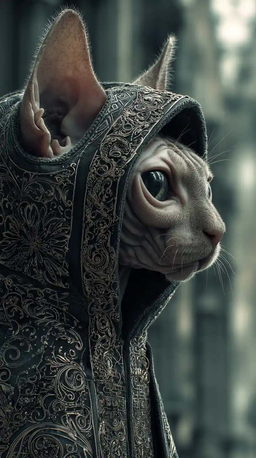 Gato Sphynx con sudadera ornamentada en retrato de fantasía urbana