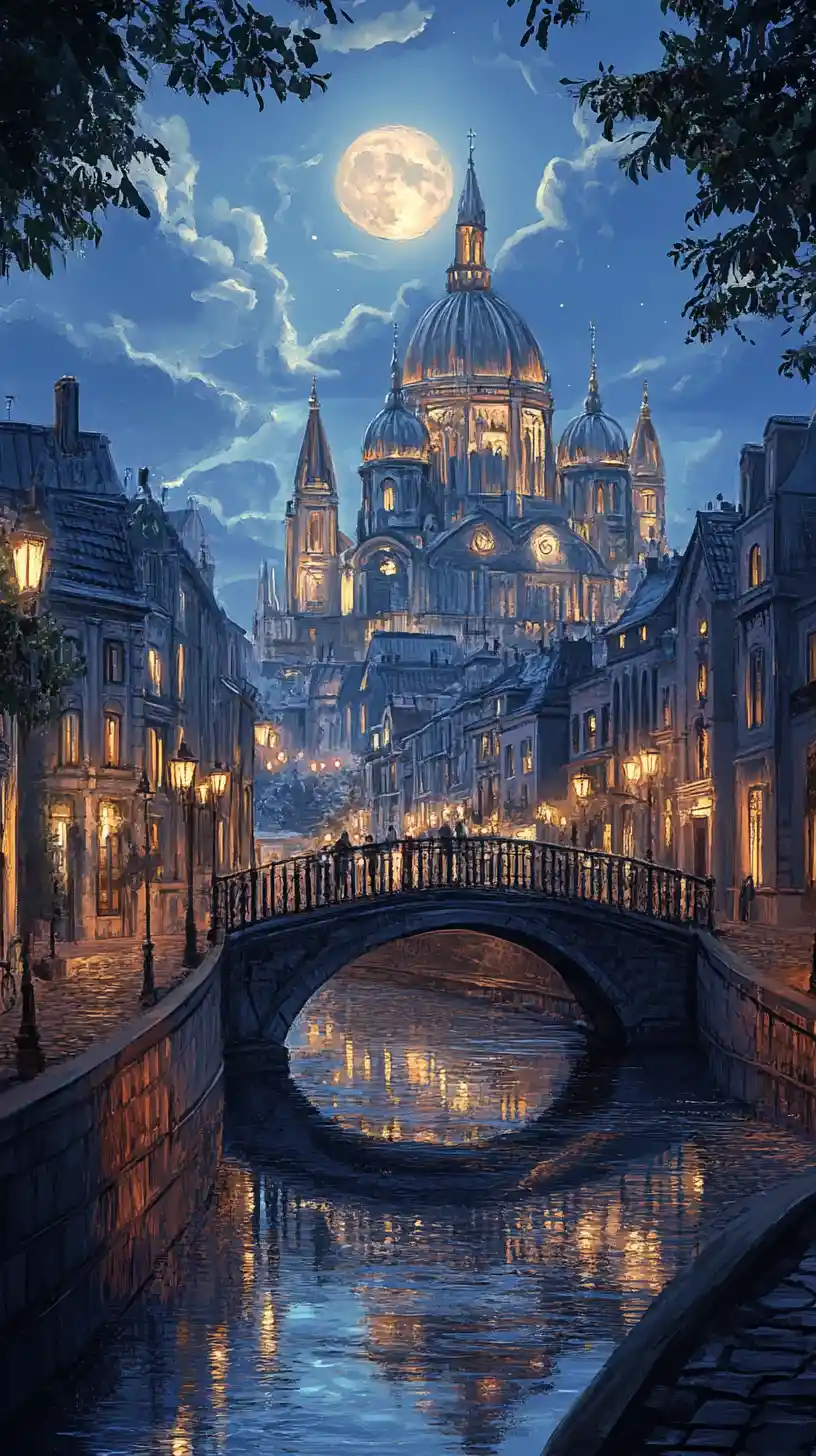 Moonlit cathedral above a European canal bridge town