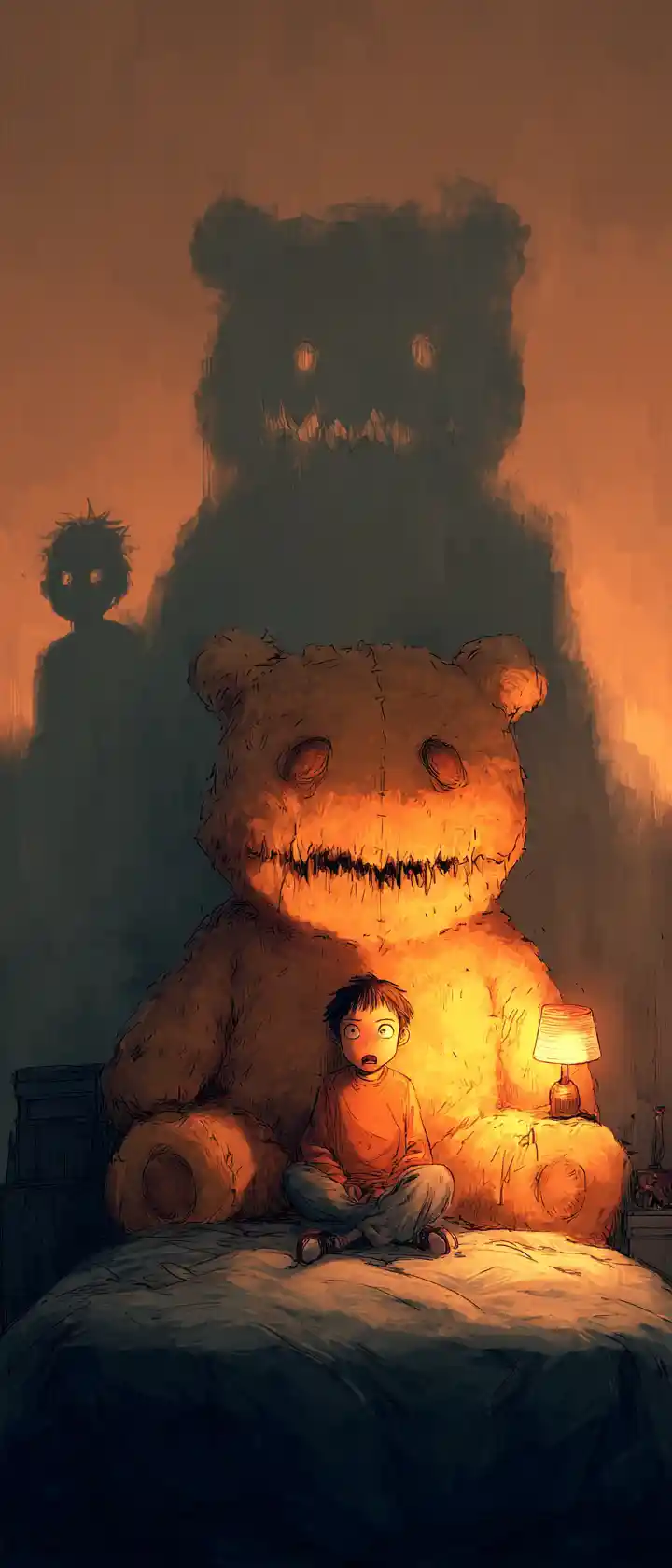 Boy With Haunting Teddy Bear In Midnight Anime Bedroom