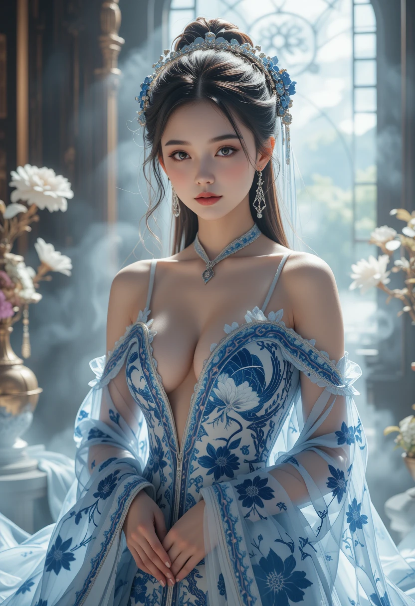 Elegant Chinese woman in sheer porcelain inspired gown