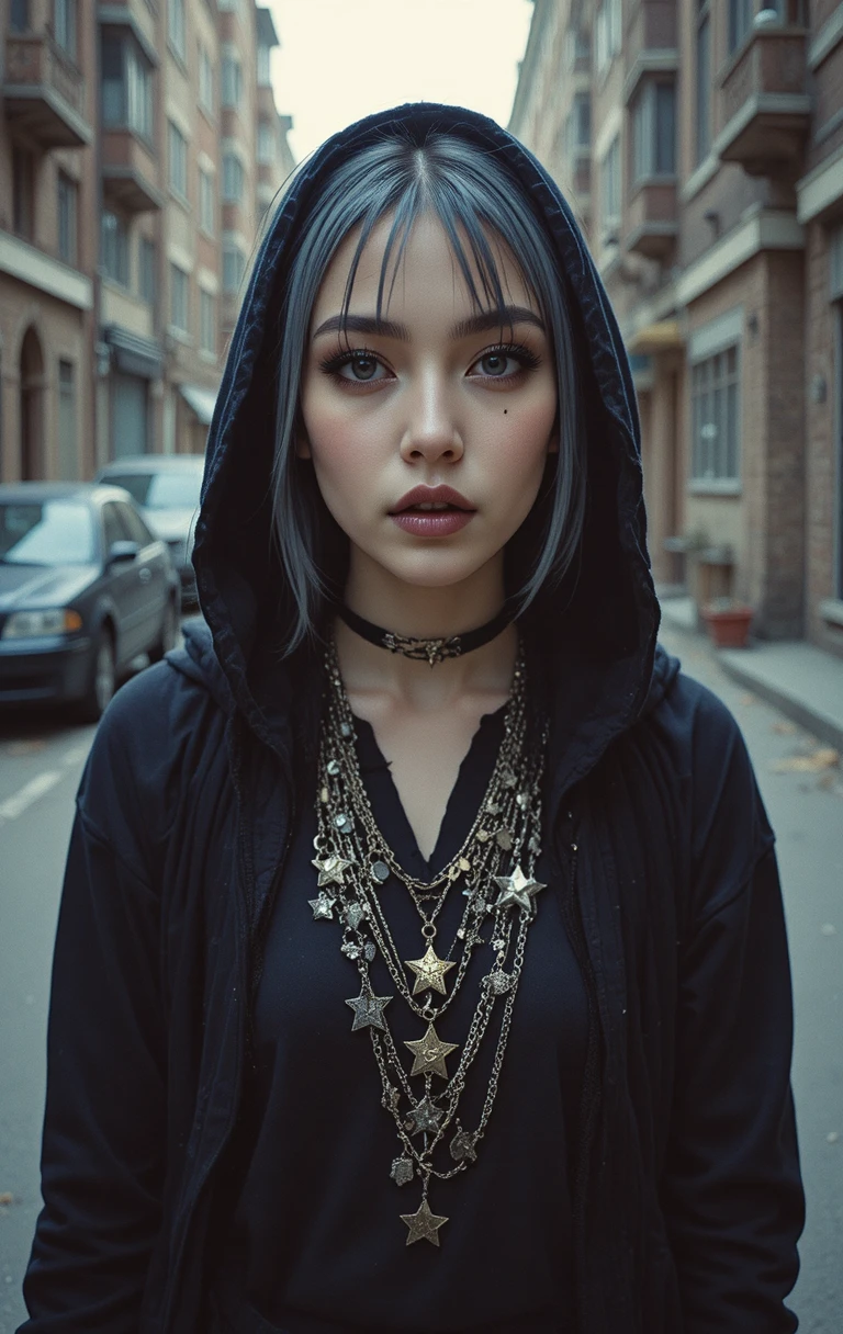 Gothic woman in chains standing in a gritty city alley