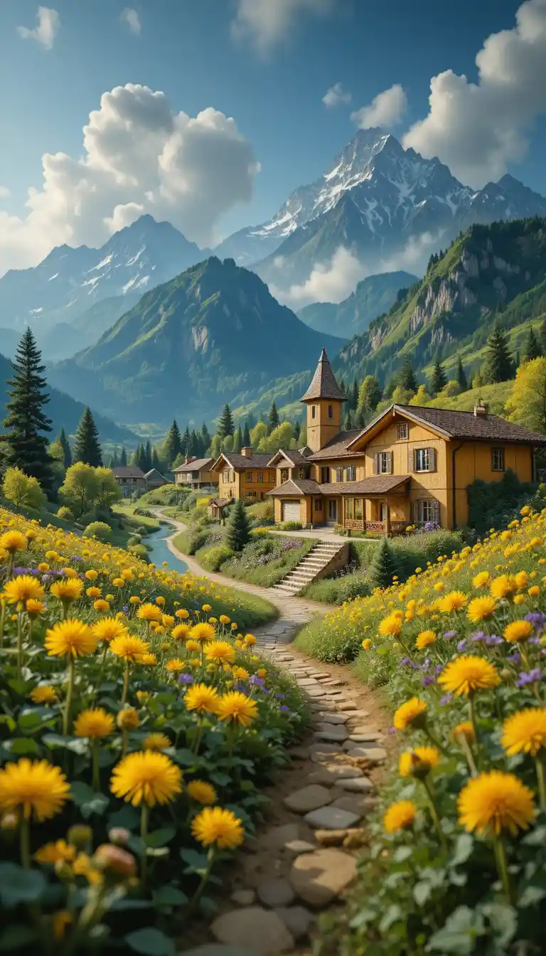 Yellow dandelions in green grass painted in impressionist style