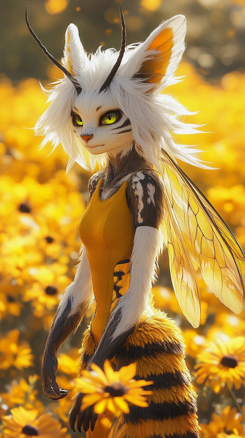 Whimsical bee humanoid in a bright yellow flower field