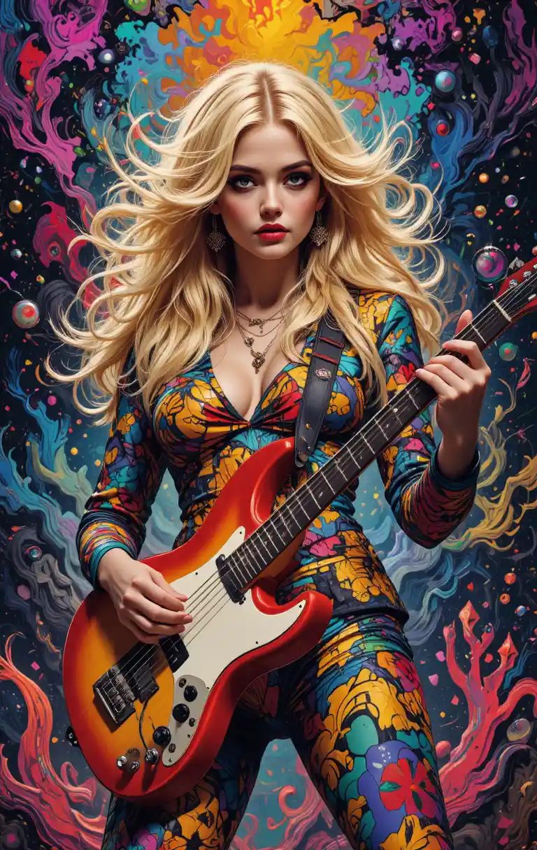 Blonde woman rocking a bass guitar in psychedelic colors