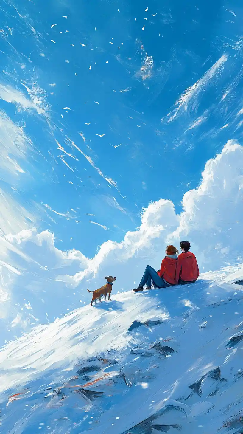 Coppia che si rilassa su una collina innevata con cane giocherellone sotto il cielo blu