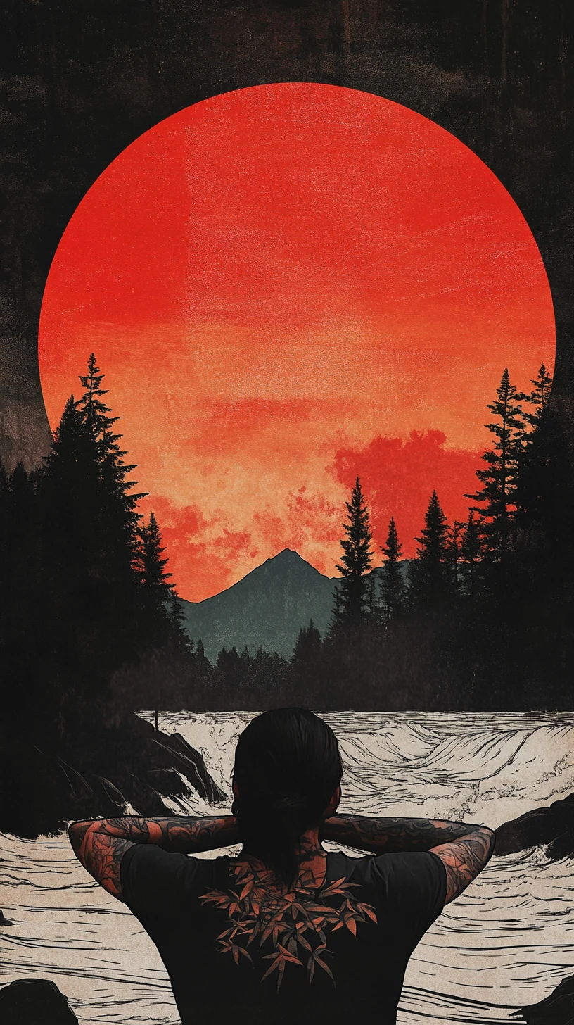 Androgynous figure before a fiery red sunlit horizon
