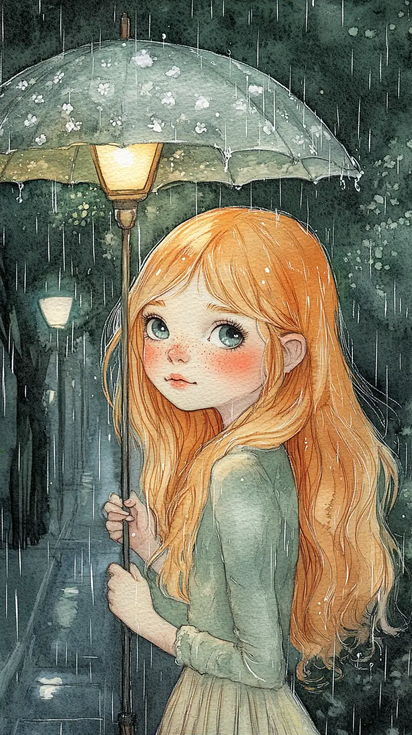Smiling freckled girl at a rainy city bus stop
