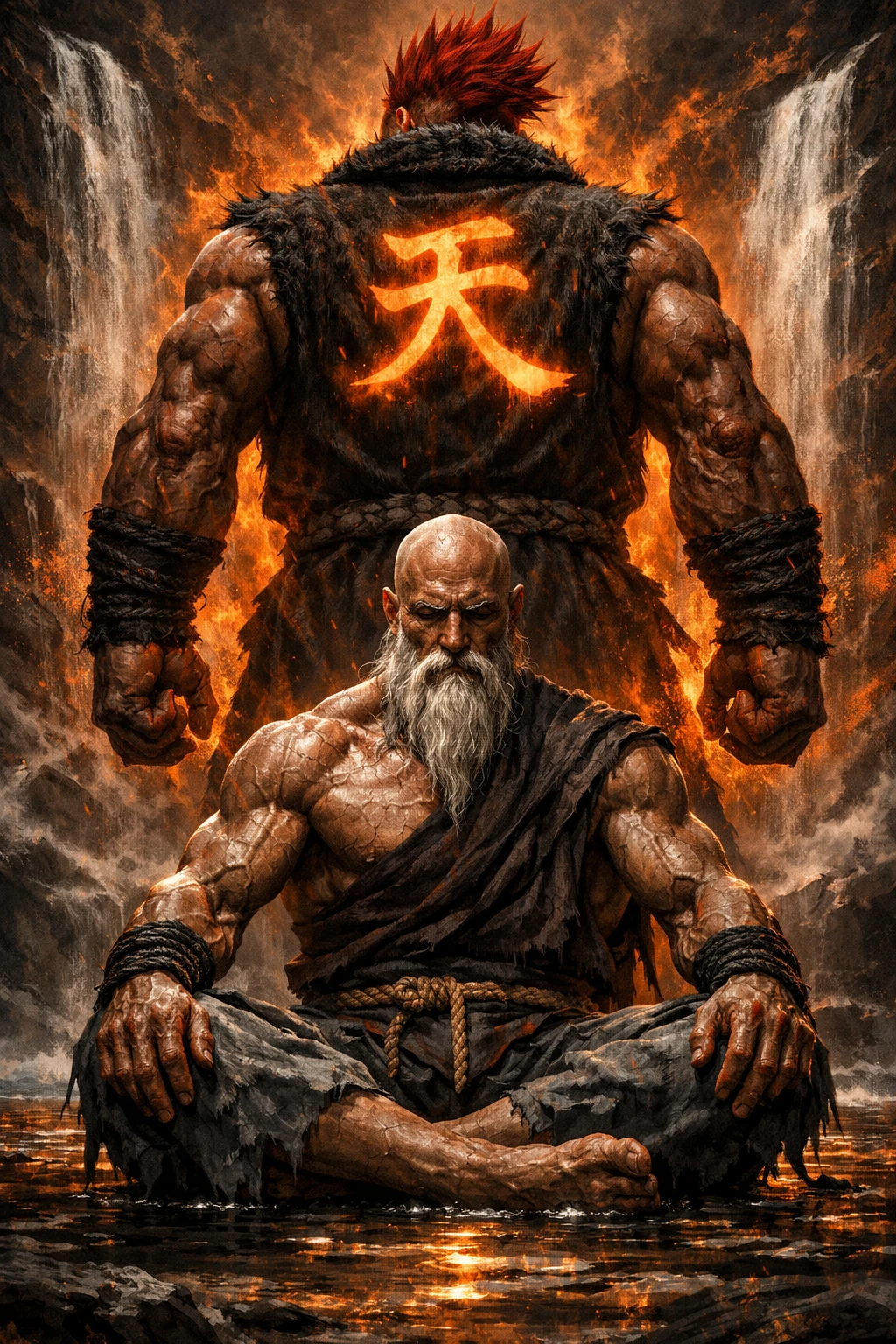 Elder warrior meditating on water before fiery titan