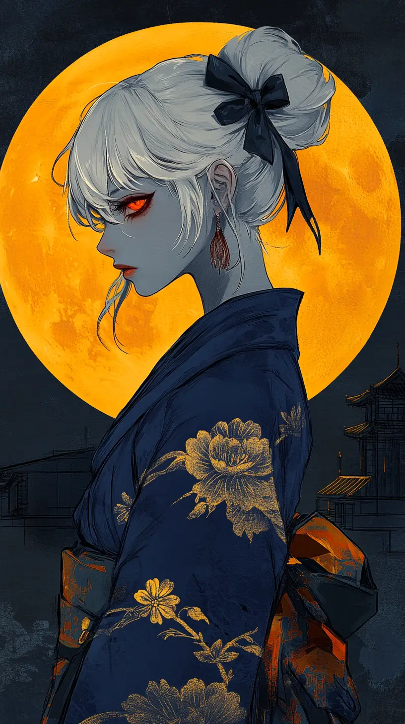 Anime woman in blue kimono before a golden full moon