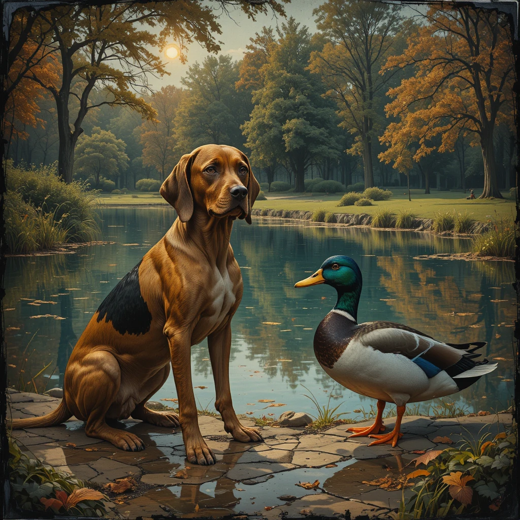 Surrealer Jagdhund und Erpel an einem stillen Parkteich