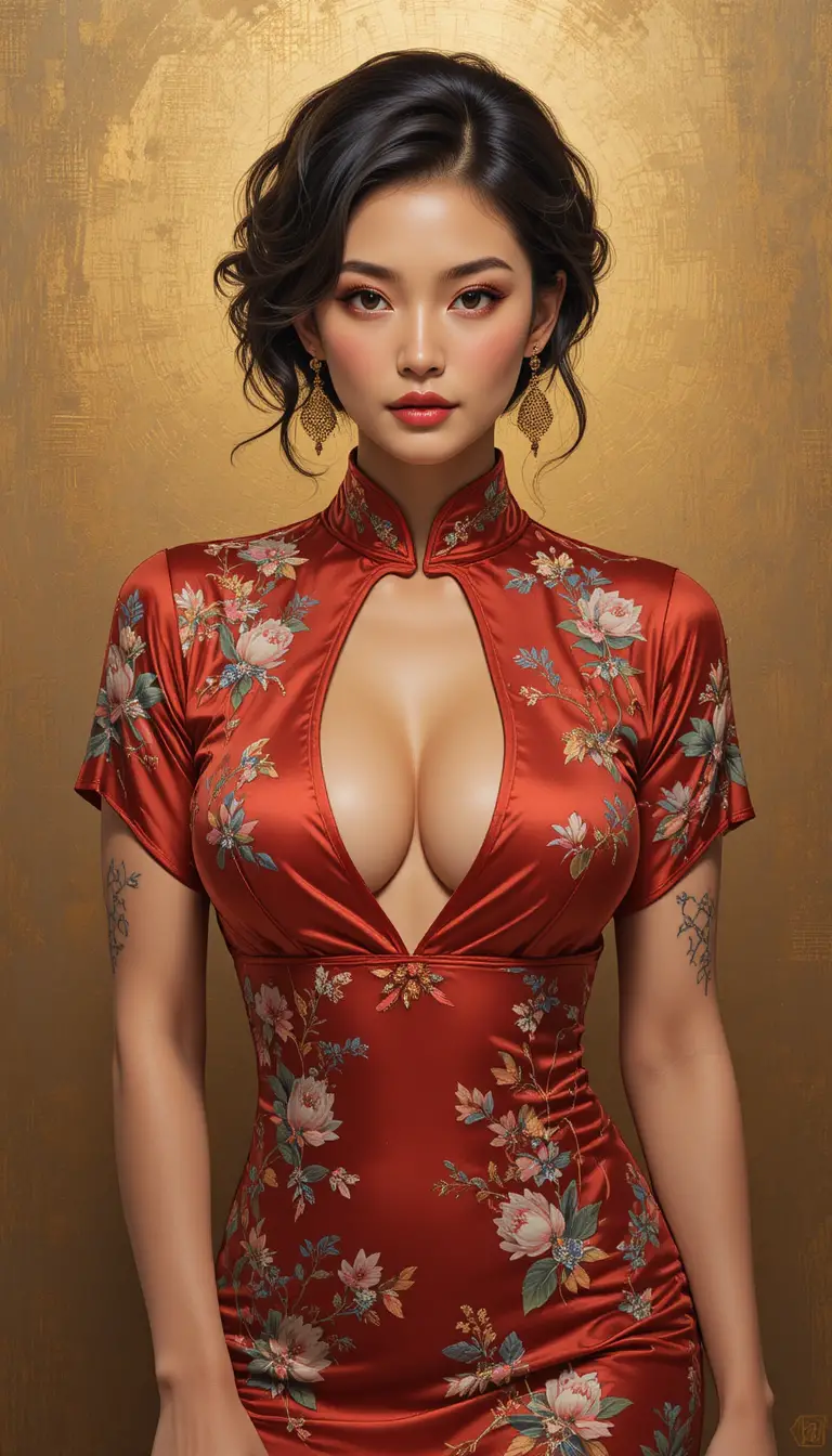 Sensual gouache portrait of an Asian woman in silk qipao