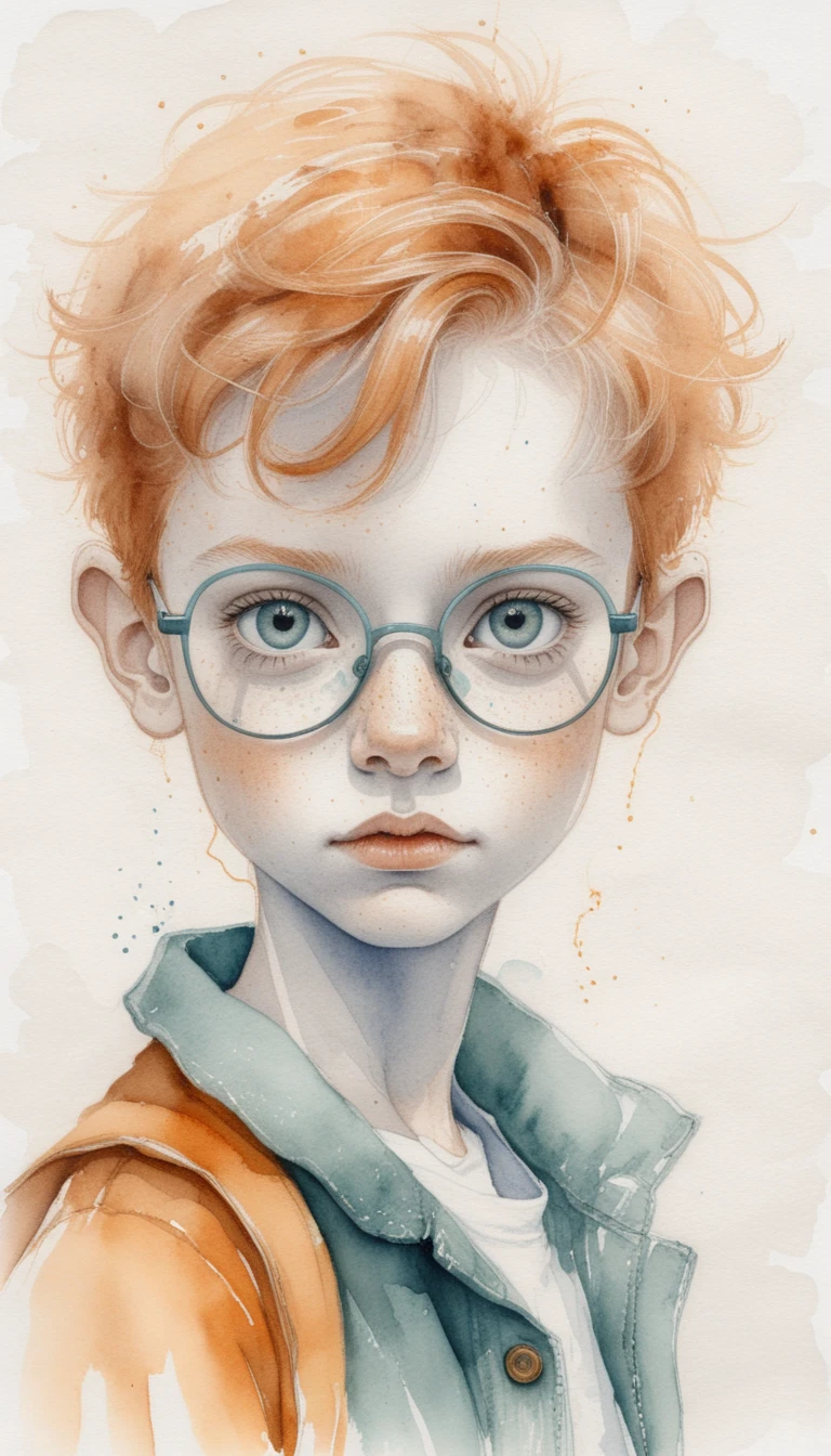 Freckled red haired boy with round glasses watercolor portrait