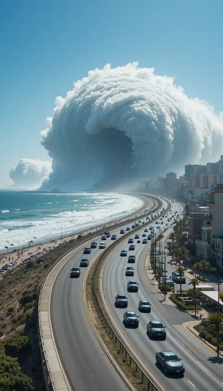 Coastal highway traffic under sun with looming ocean wave