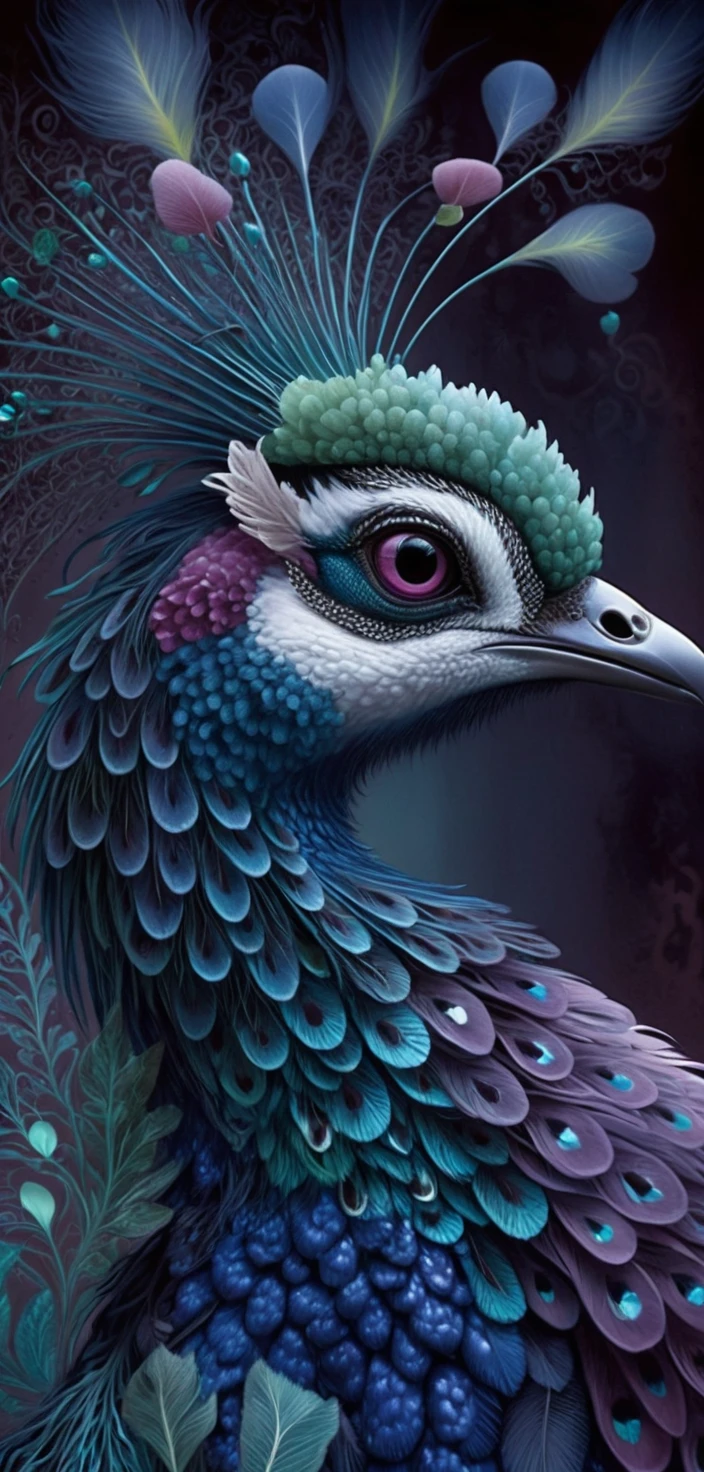 Perfil de pavo real majestuoso en ilustración 3D de tonos joya