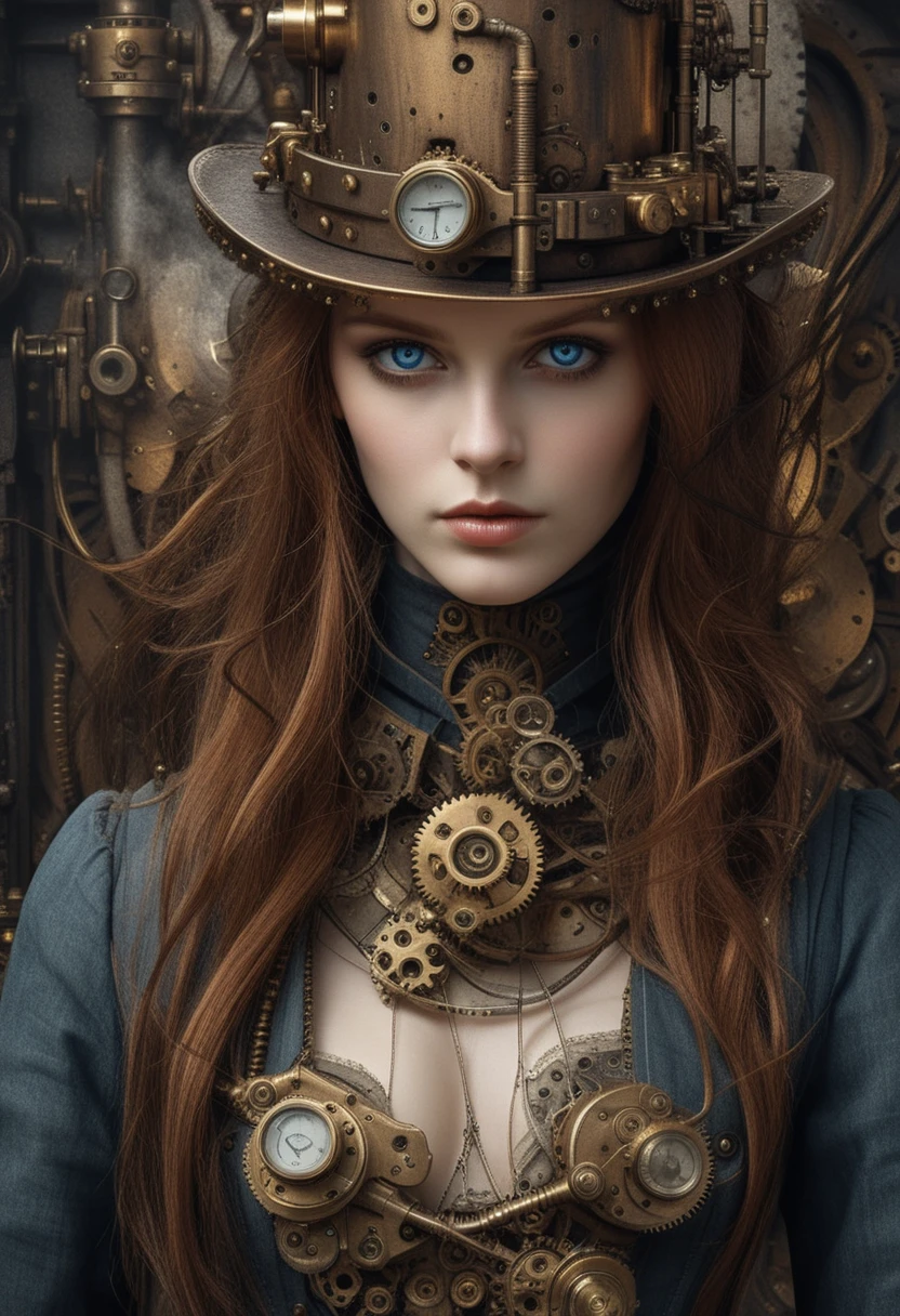 Steampunk-Frau mit mechanischem Körper und verziertem Zylinder