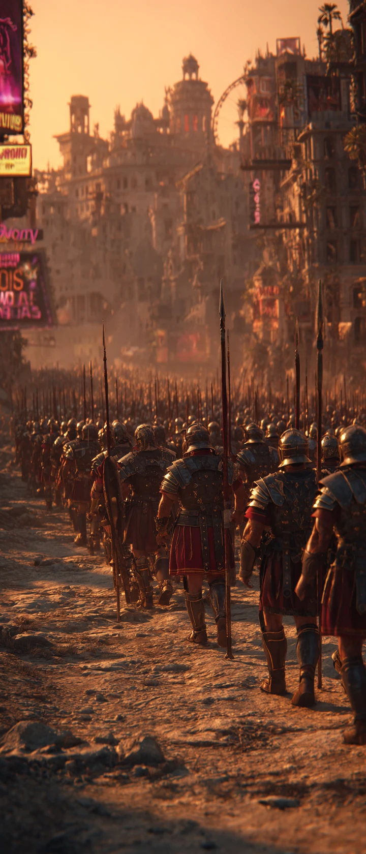 Legión romana marchando por una Las Vegas en ruinas al anochecer