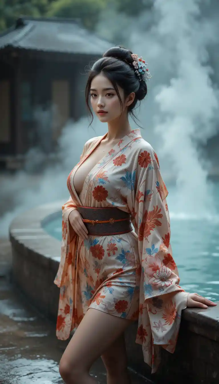Japanese woman in kimono by a steaming hot spring