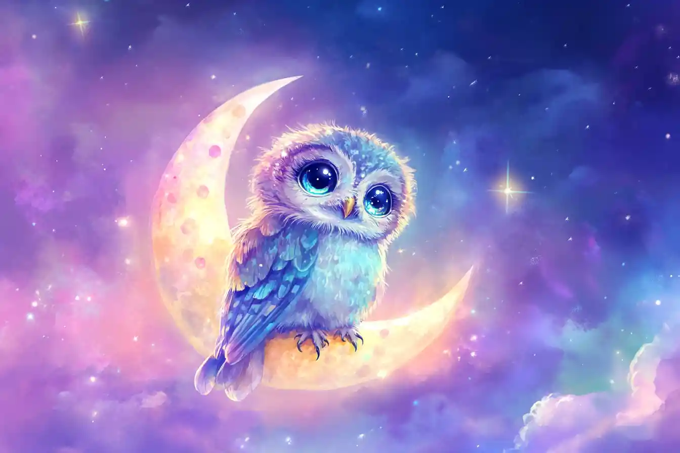 Cute baby owl on a colorful crescent moon
