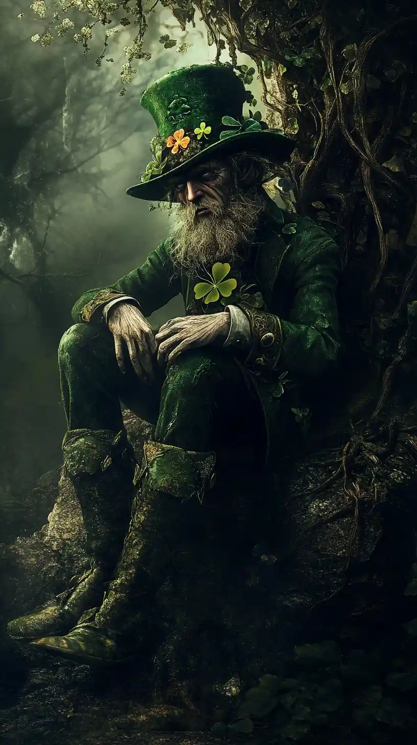 Leprechaun surreal em uma cena sombria de fantasia de conto de fadas