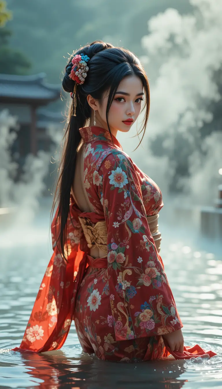 Japanese woman in kimono by a steaming hot spring