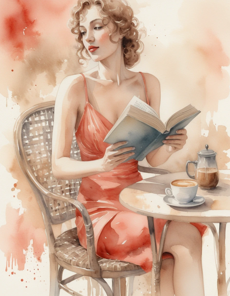 Woman Reading At A Vintage Cafe In Watercolor Style