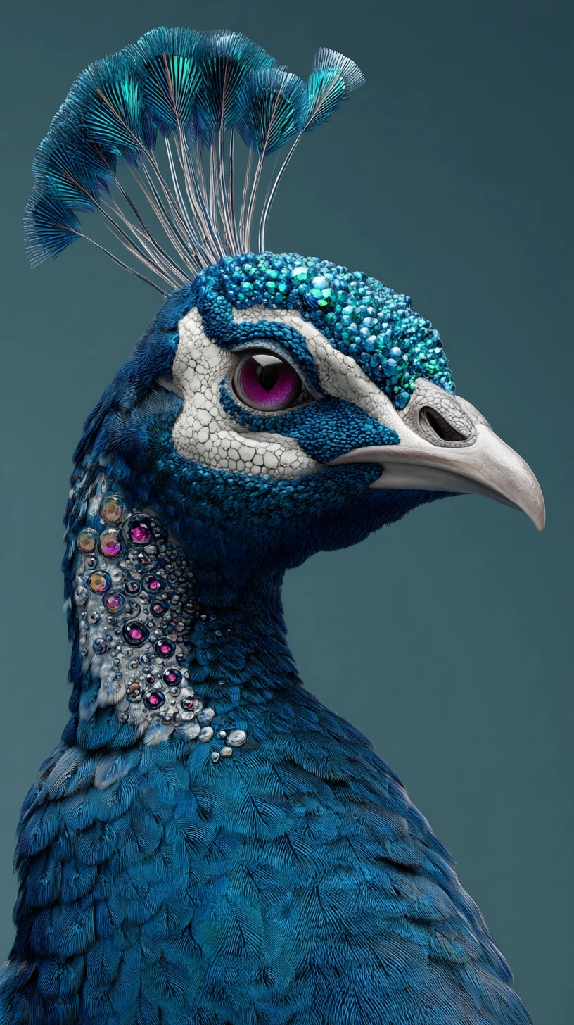 Majestätisches Pfauenprofil in juwelentöniger 3D-Illustration