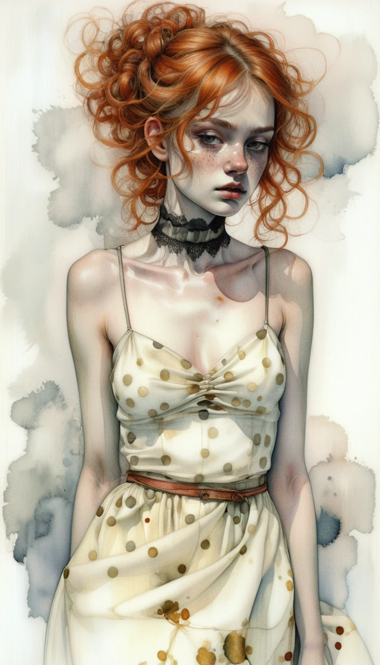 Freckled red haired girl in yellow dress with choker
