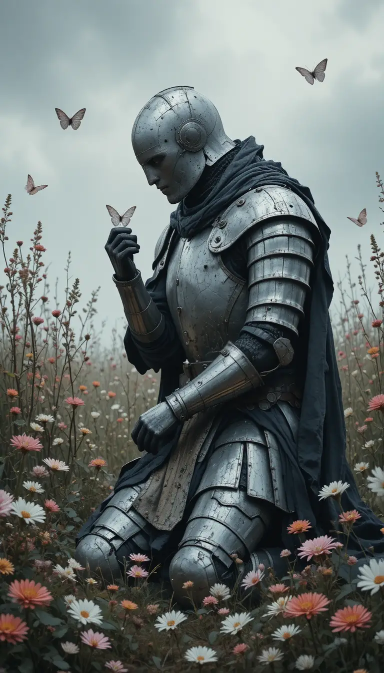 Kneeling medieval knight holding a white butterfly
