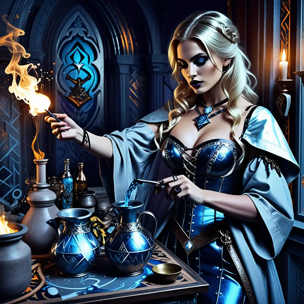 Strega moderna bionda che mescola pozioni in un colorato negozio di magia