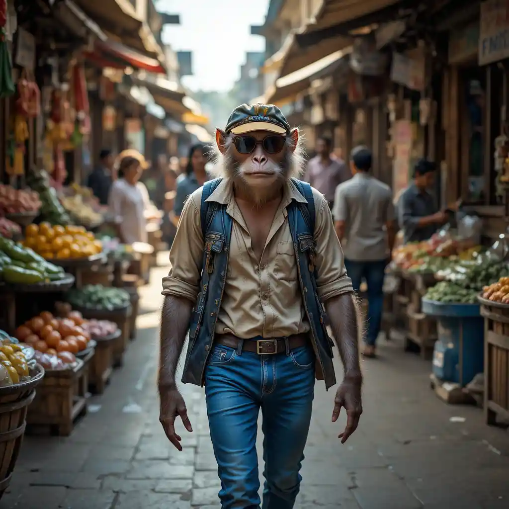 Mono elegante caminando por un concurrido mercado callejero de la India