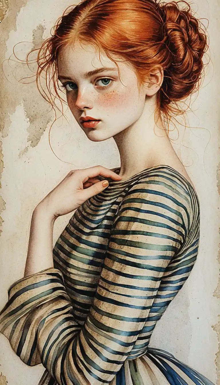 Renaissance style portrait of a red haired girl in stripes